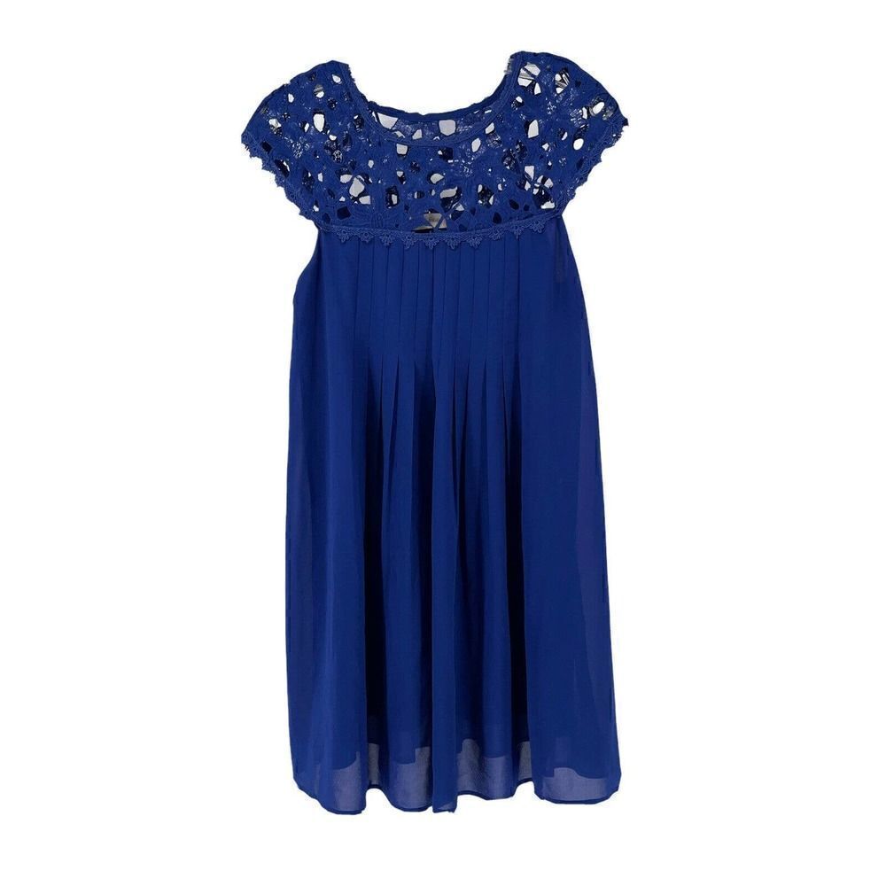 Altard State Dress Blue Lace Knee Length Pleated Crochet Cap Sleeve Size S Boho